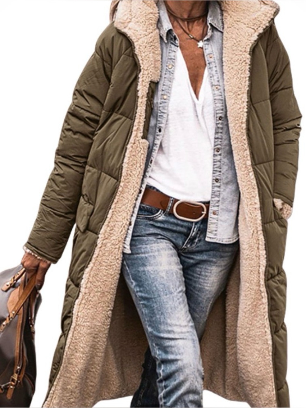 Brand New Long Olive Green Sherpa-Lined Hooded Winter Coat(oversized Large)